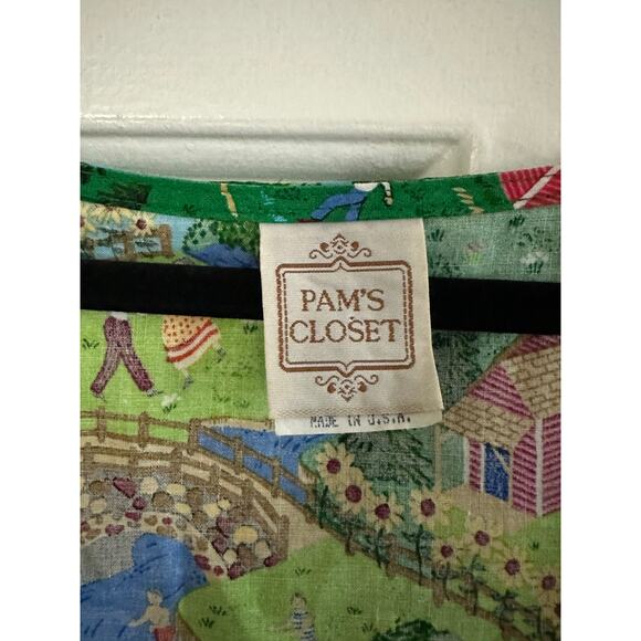 PAM’S CLOSET Vintage Maxi Dress Green Village Play Pattern Sleeveless V-Neck L - Picture 6 of 7